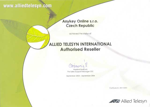 Certifikát Allied Telesyn Reseller