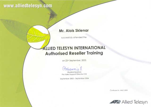 Certifikát Allied Telesyn Reseller - Alois Sklenář