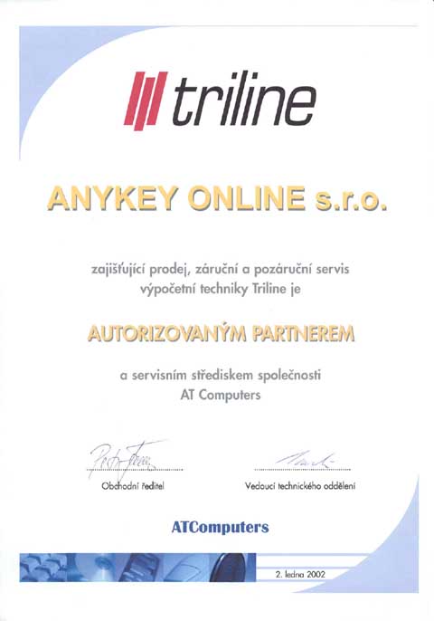Certifikát autorizovaný partner TRILINE